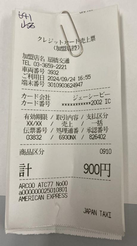 クレジットカード伝票の二つ折りと氏名記入例